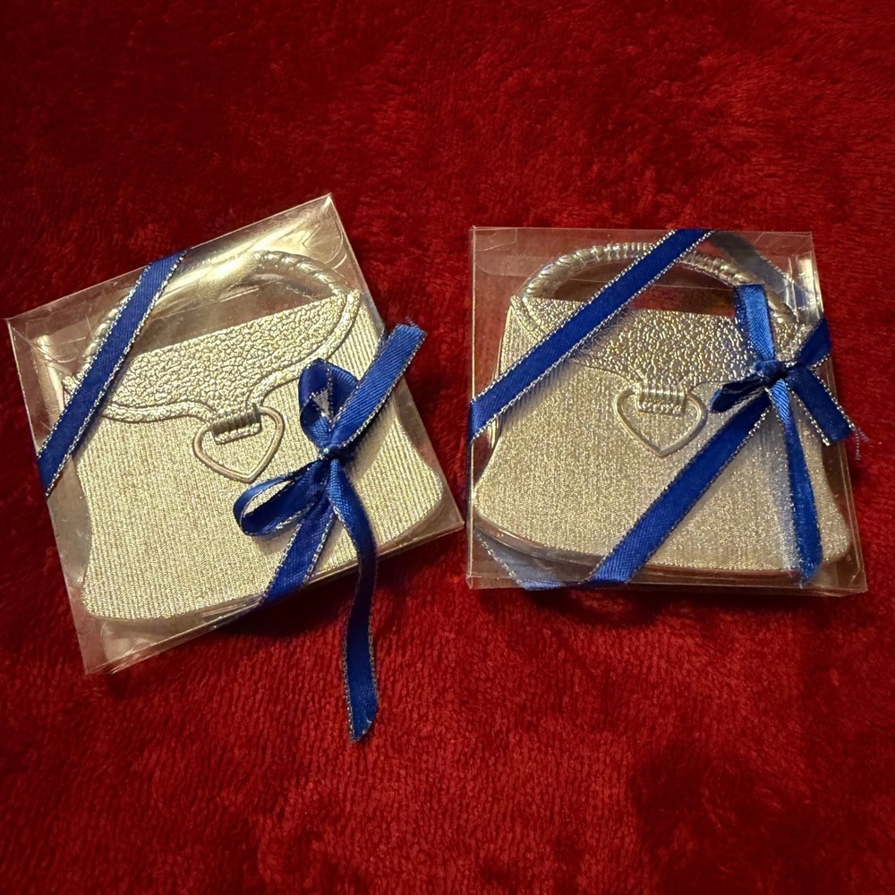 Set of 2 Silver Purse Shaped Compact Mirrors Wedding Bridal Shower Favors Boxed